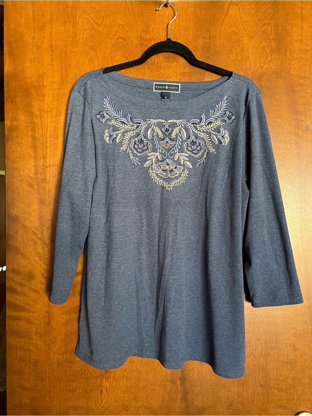 Karen Scott Embroidered Crewneck Long Sleeve Top - Blue Gray